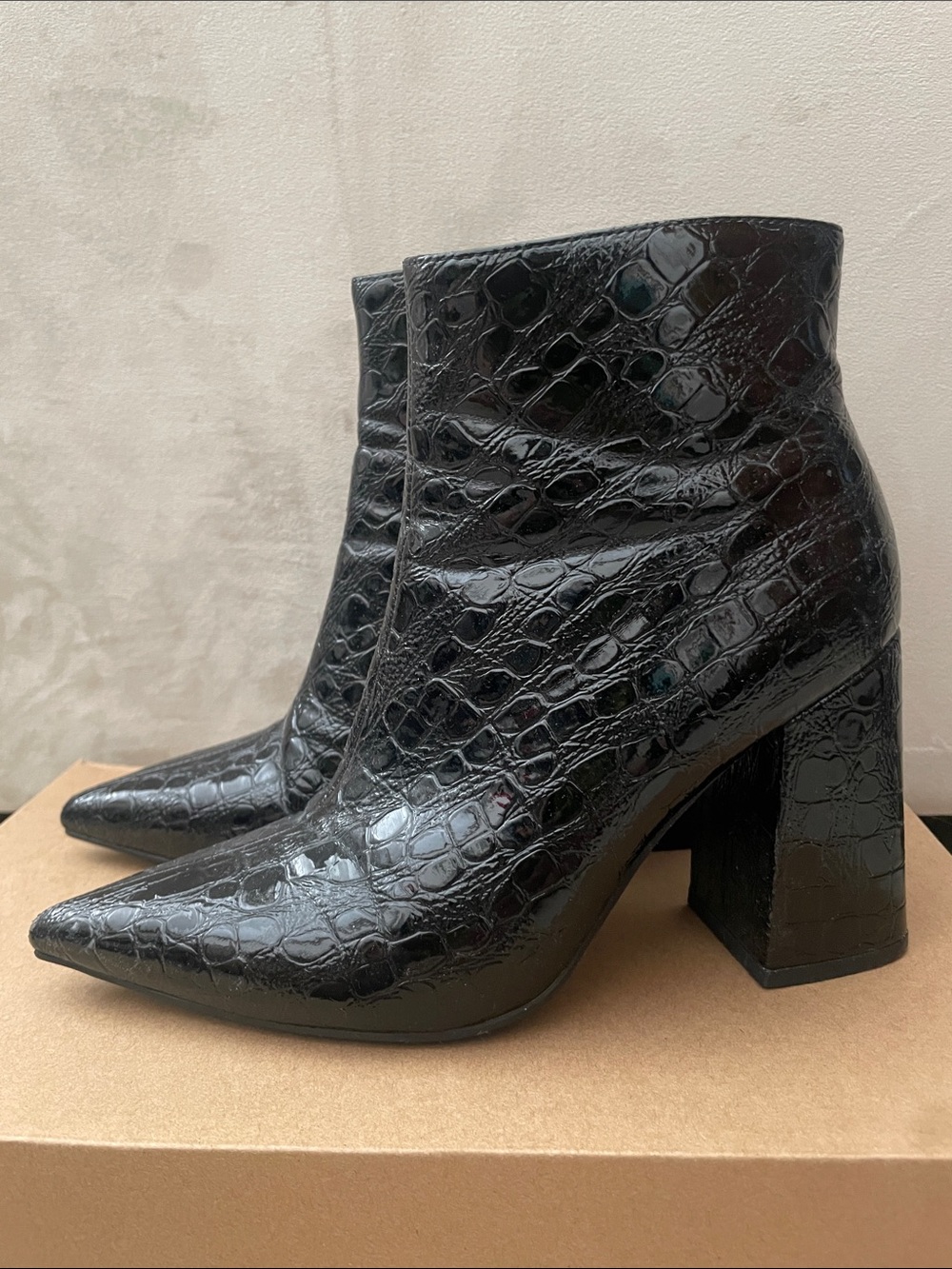 Public Desire Black Croc-Embossed Pointed Toe Block Heel Ankle Boots